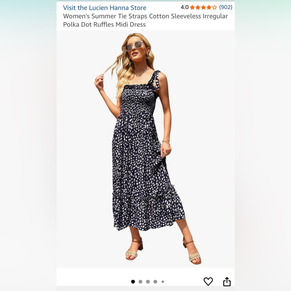 Size M Lucien Hanna Dark Blue Polka Dot Ruffle Midi Dress Sleeveless Cotton
